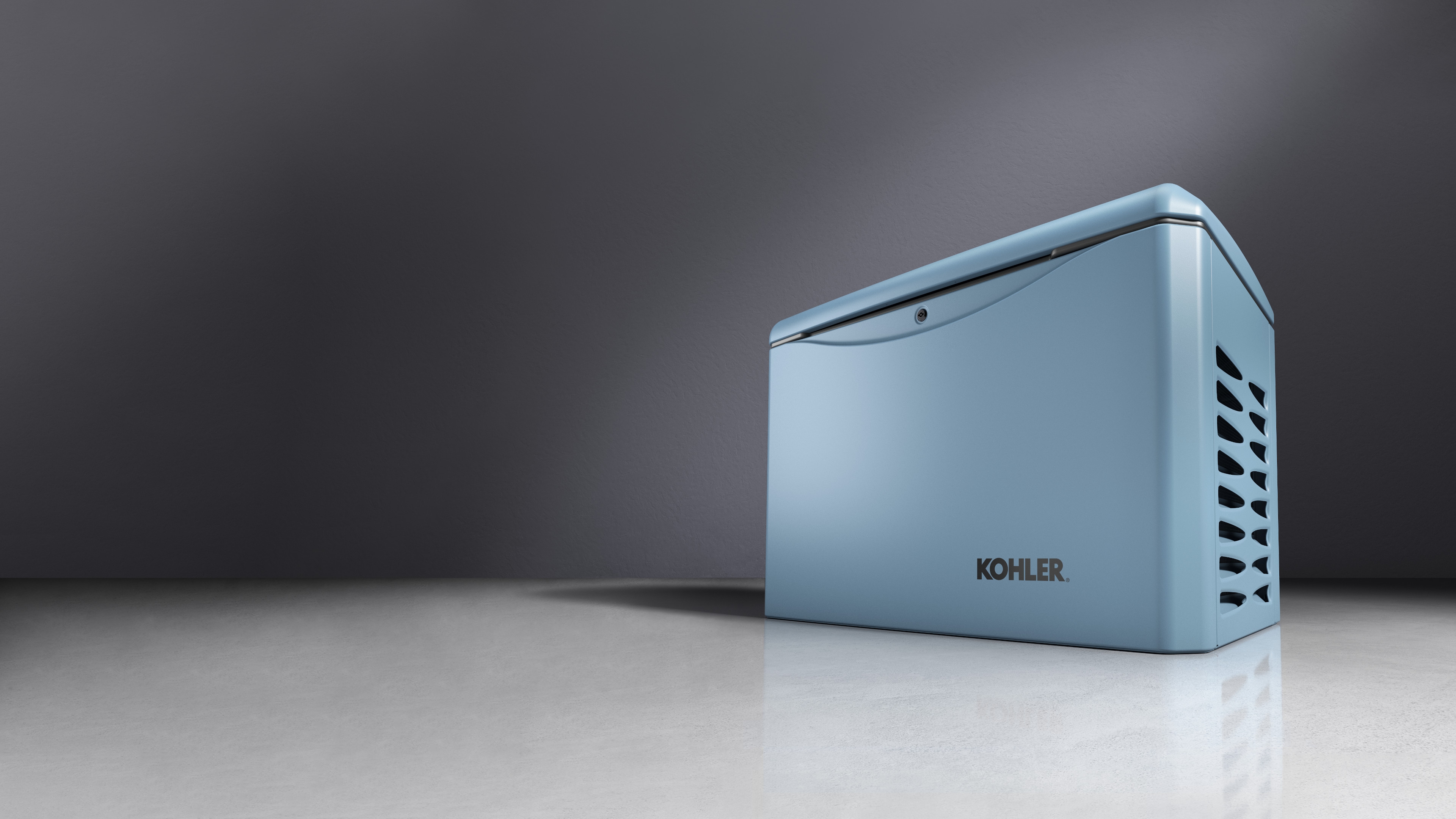Canyon Blue color Kohler residential generator with ventilated side panels, showcased against a gradient gray background