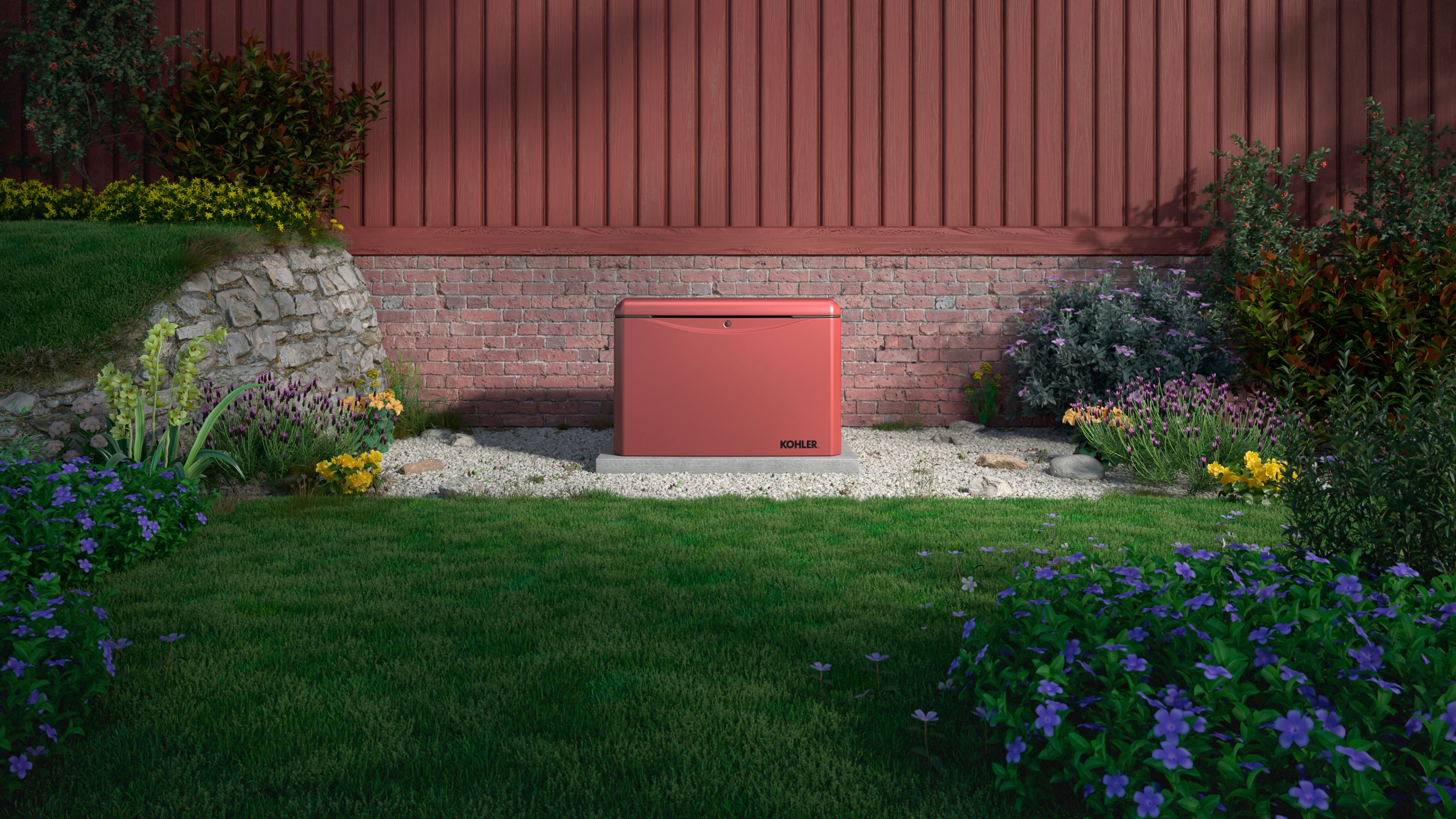 A reddish-brown home generator in front of the exterior of a home in complementary colors.