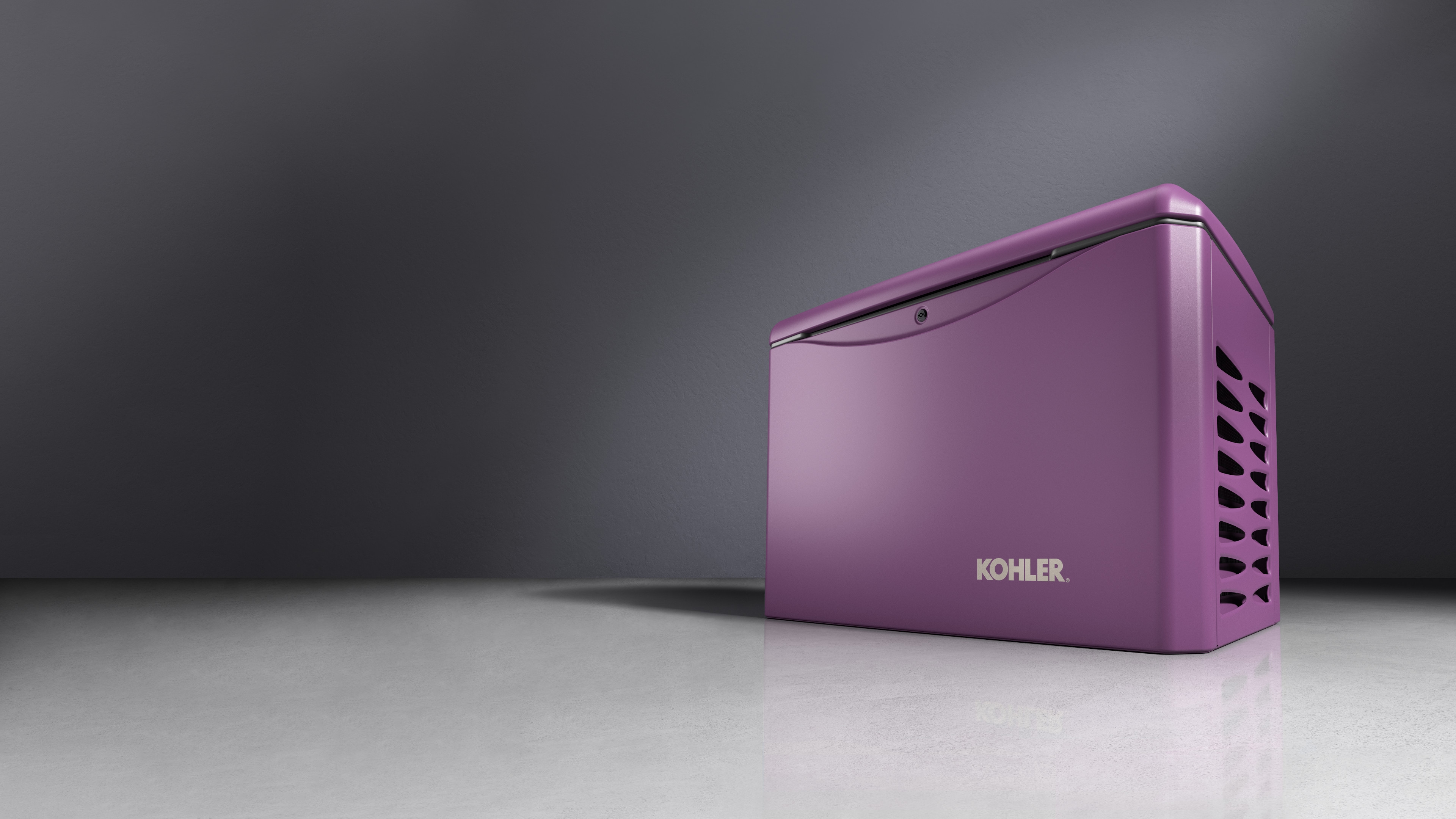 Royal Plum color Kohler residential generator with ventilated side panels, showcased against a gradient gray background.