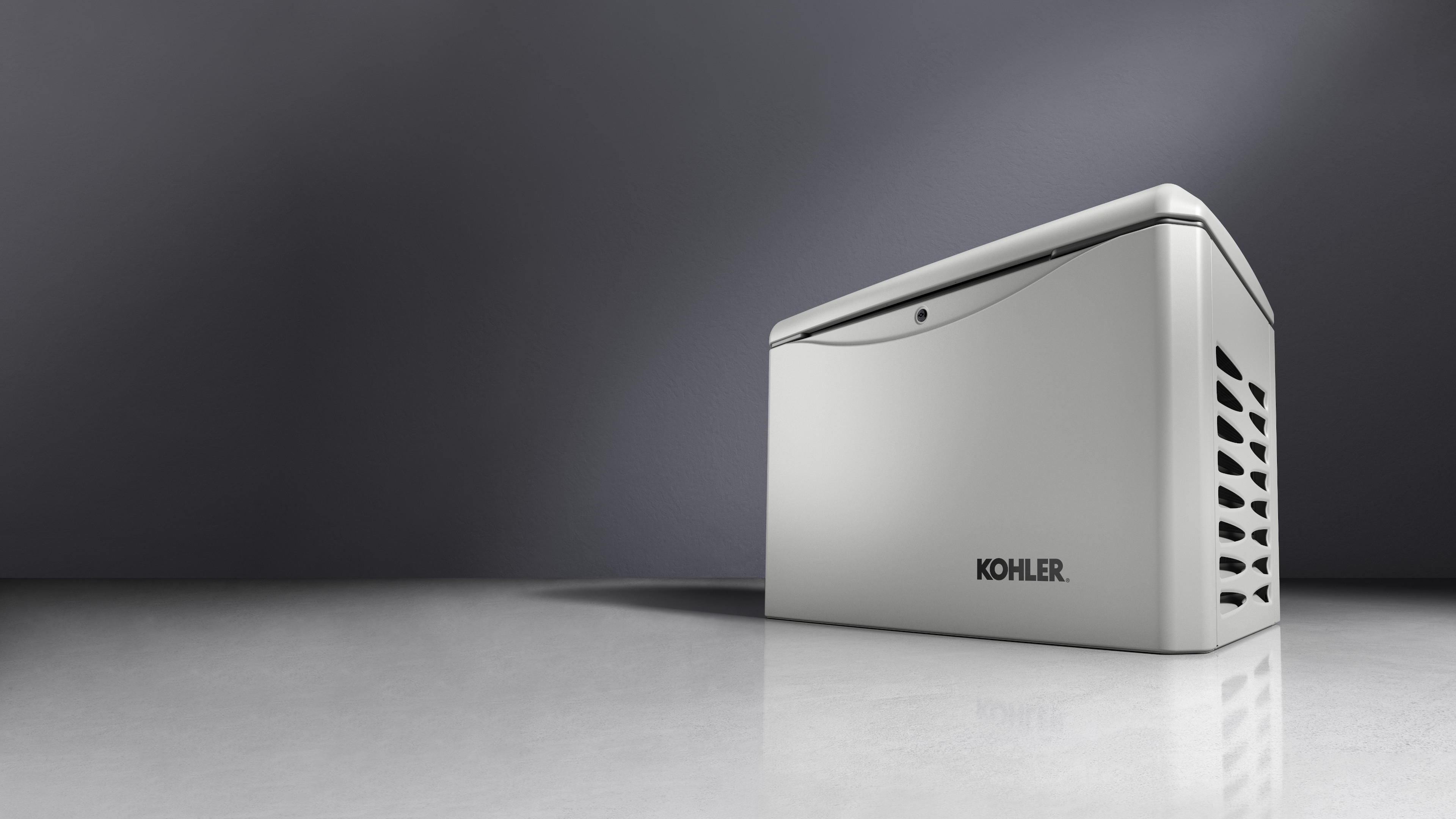 Pigeon Feather color Kohler residential generator with ventilated side panels, showcased against a gradient gray background.