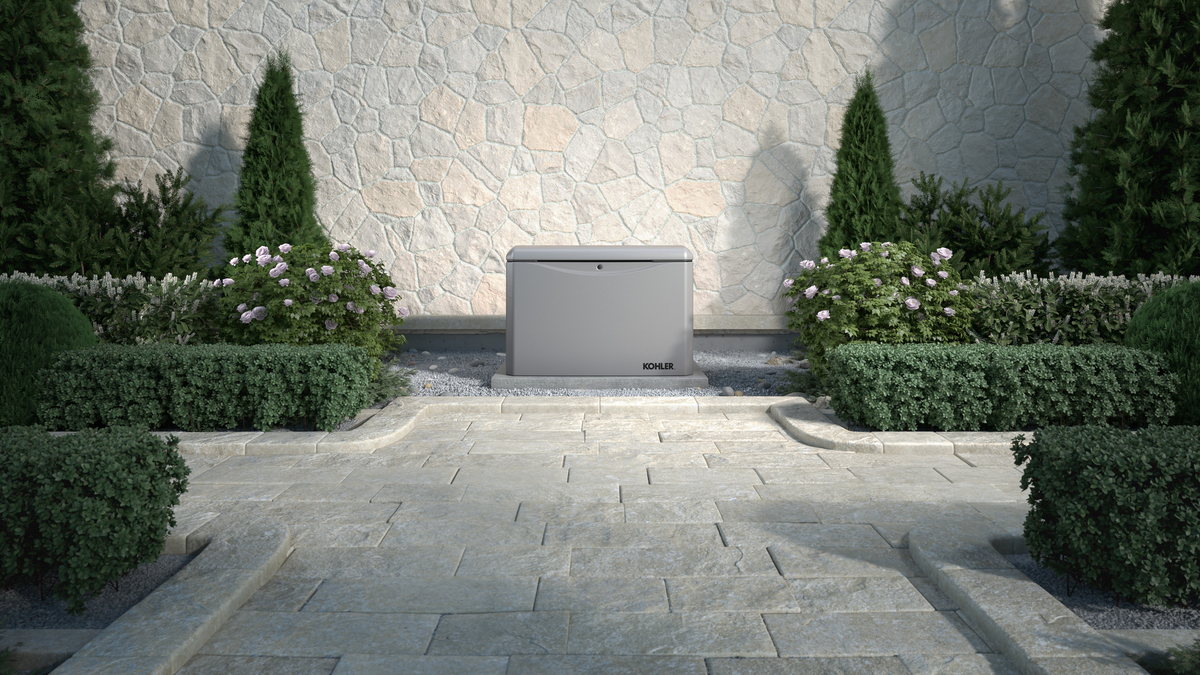 A stone gray home generator in front of the exterior of a home in complementary colors.