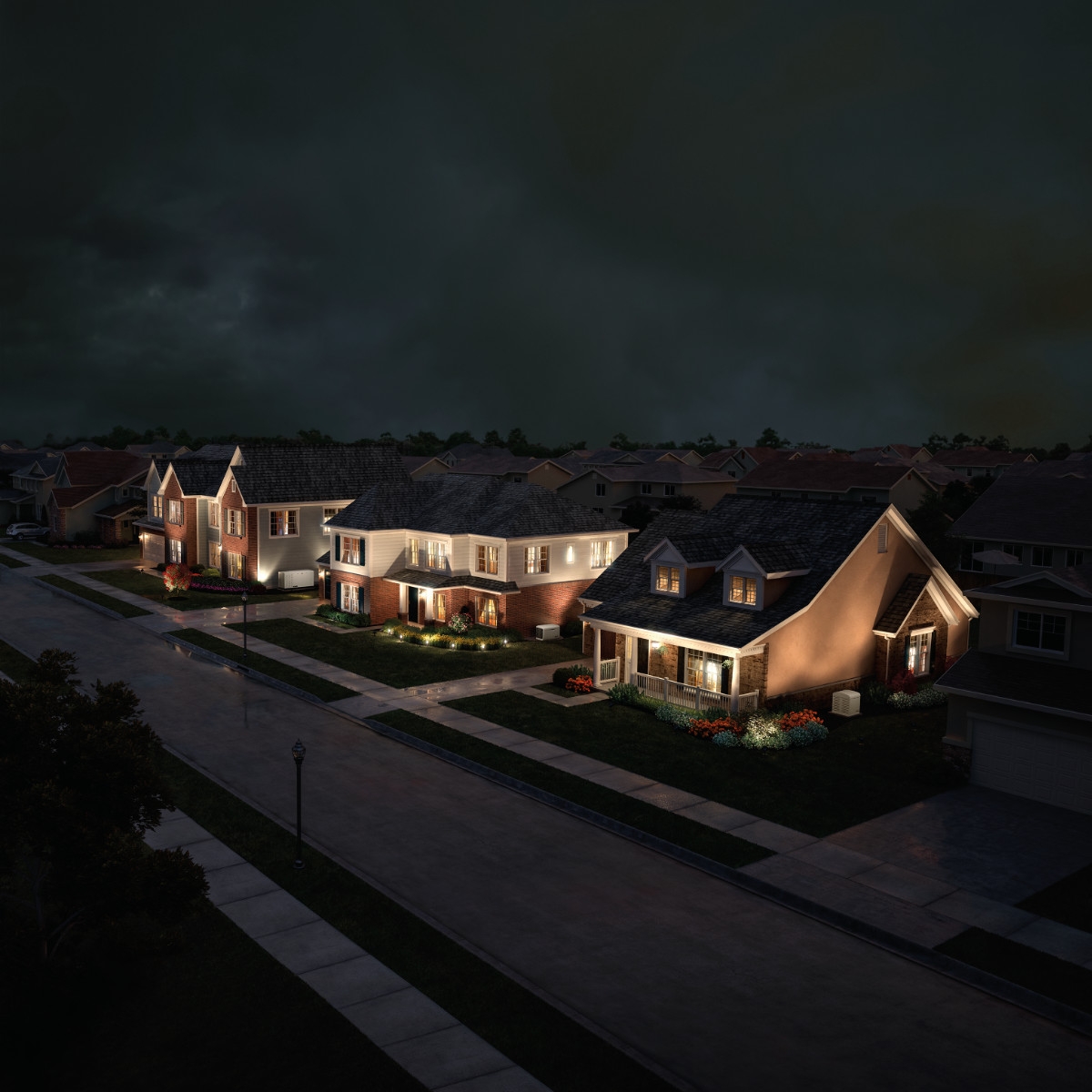 Three houses on a suburban street at night, all illuminated while the rest of the neighborhood is dark.
DAM # aab96179
[Card Article [7] 1:1]