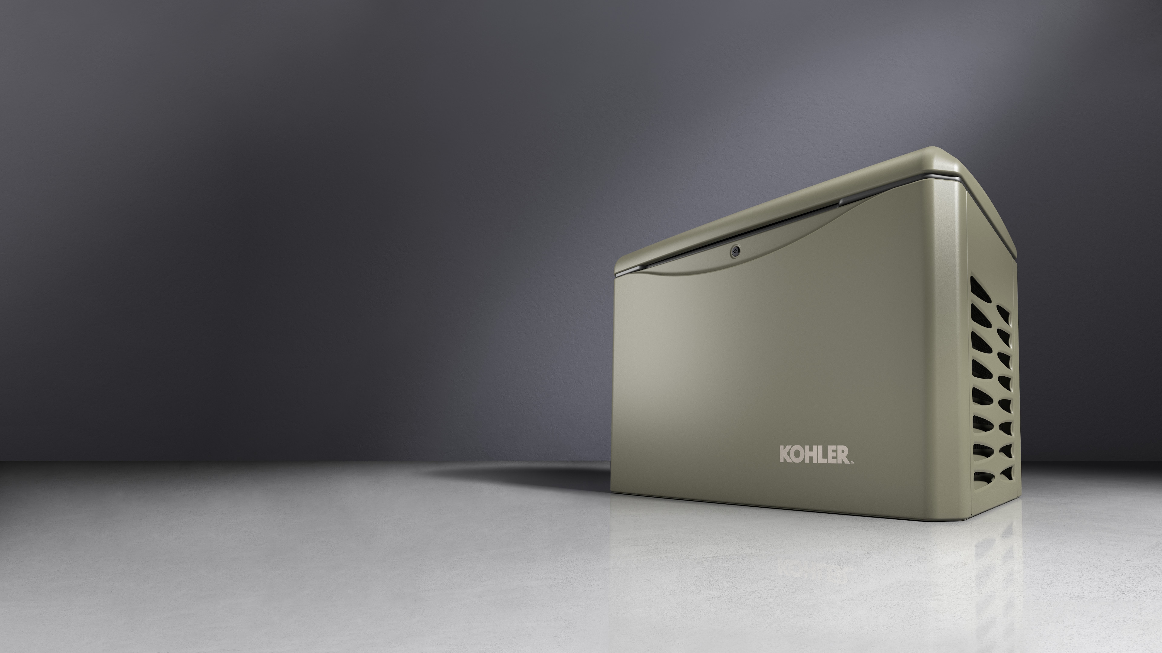 Nevergreen color Kohler residential generator with ventilated side panels, showcased against a gradient gray background.