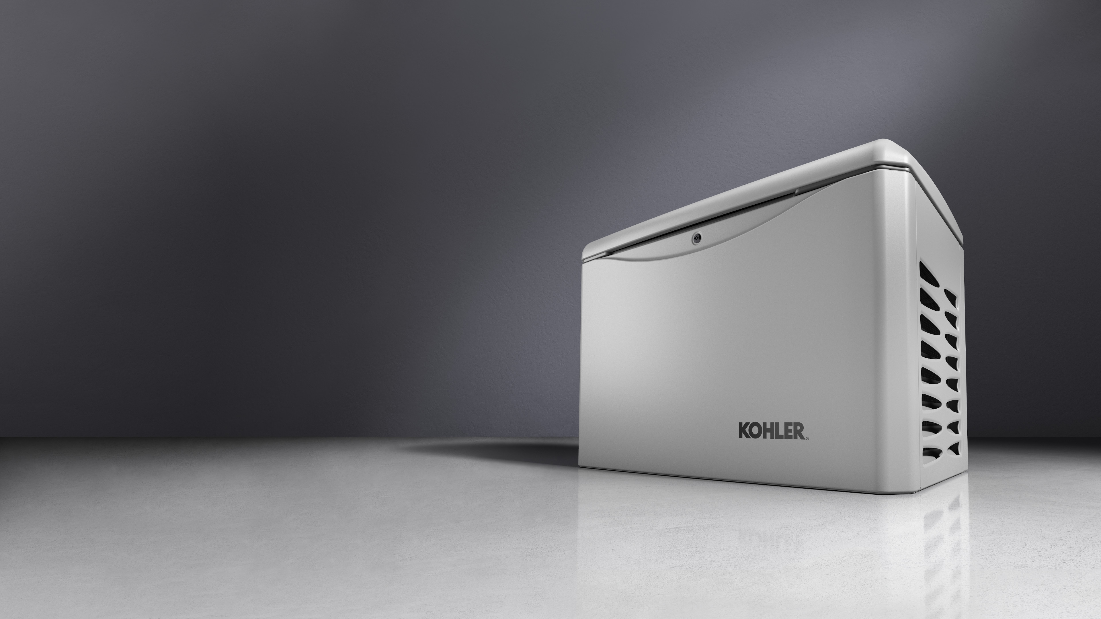 Dover Gray color Kohler residential generator with ventilated side panels, showcased against a gradient gray background.
