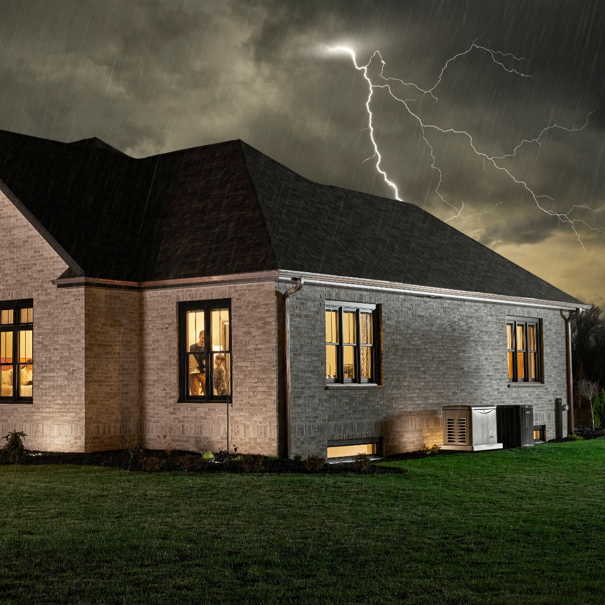 A large brick house with a Kohler generator along a wall in a residential neighborhood at night with a storm and lightning outside and the lights on inside.
DAM # aae55554
Article [5] 1:1 How a Home Generator Can Help Save You Money