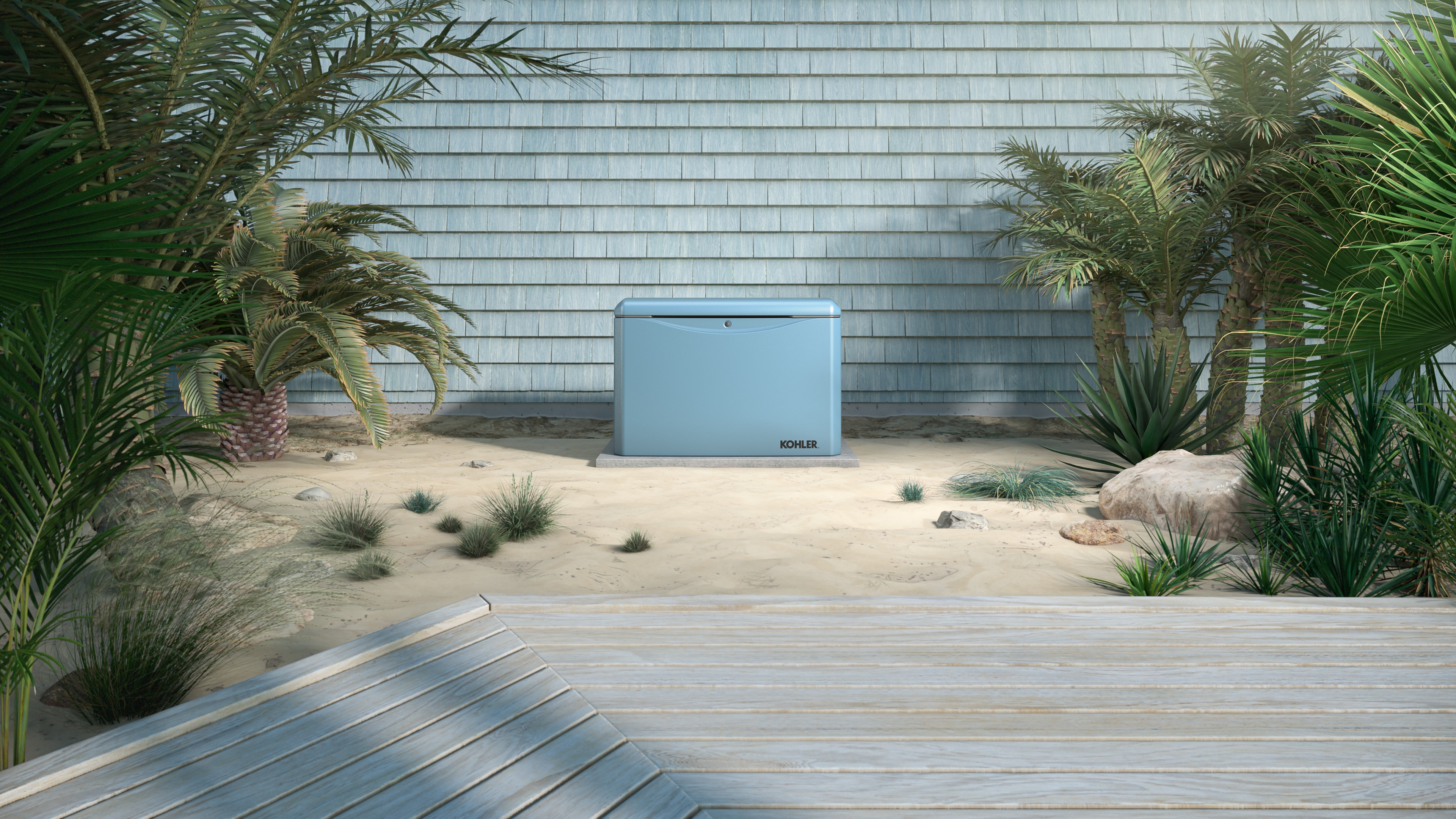 A bluish-gray home generator in front of the exterior of a home in complementary colors.