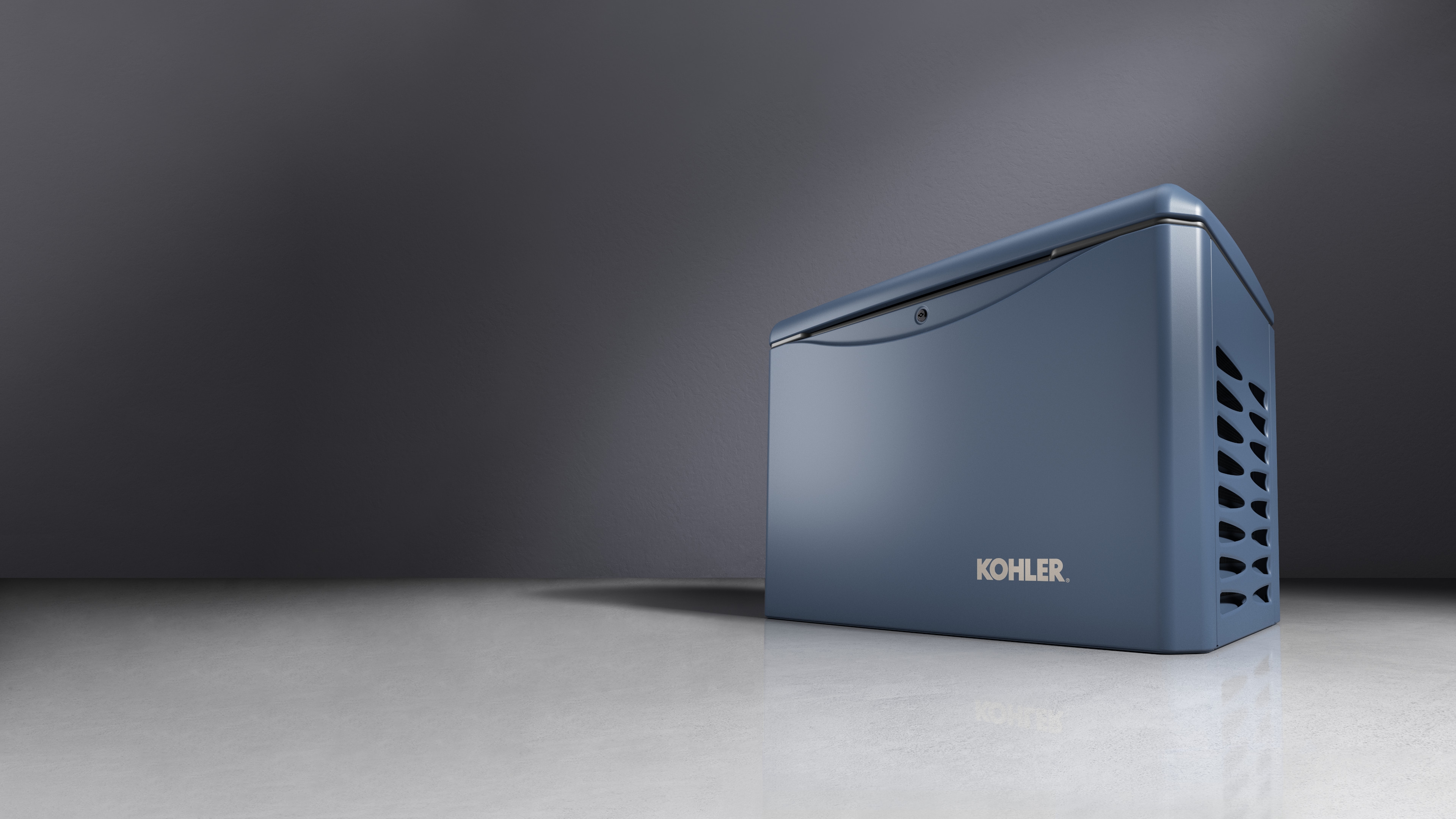 Admiralty color Kohler residential generator with ventilated side panels, showcased against a gradient gray background.