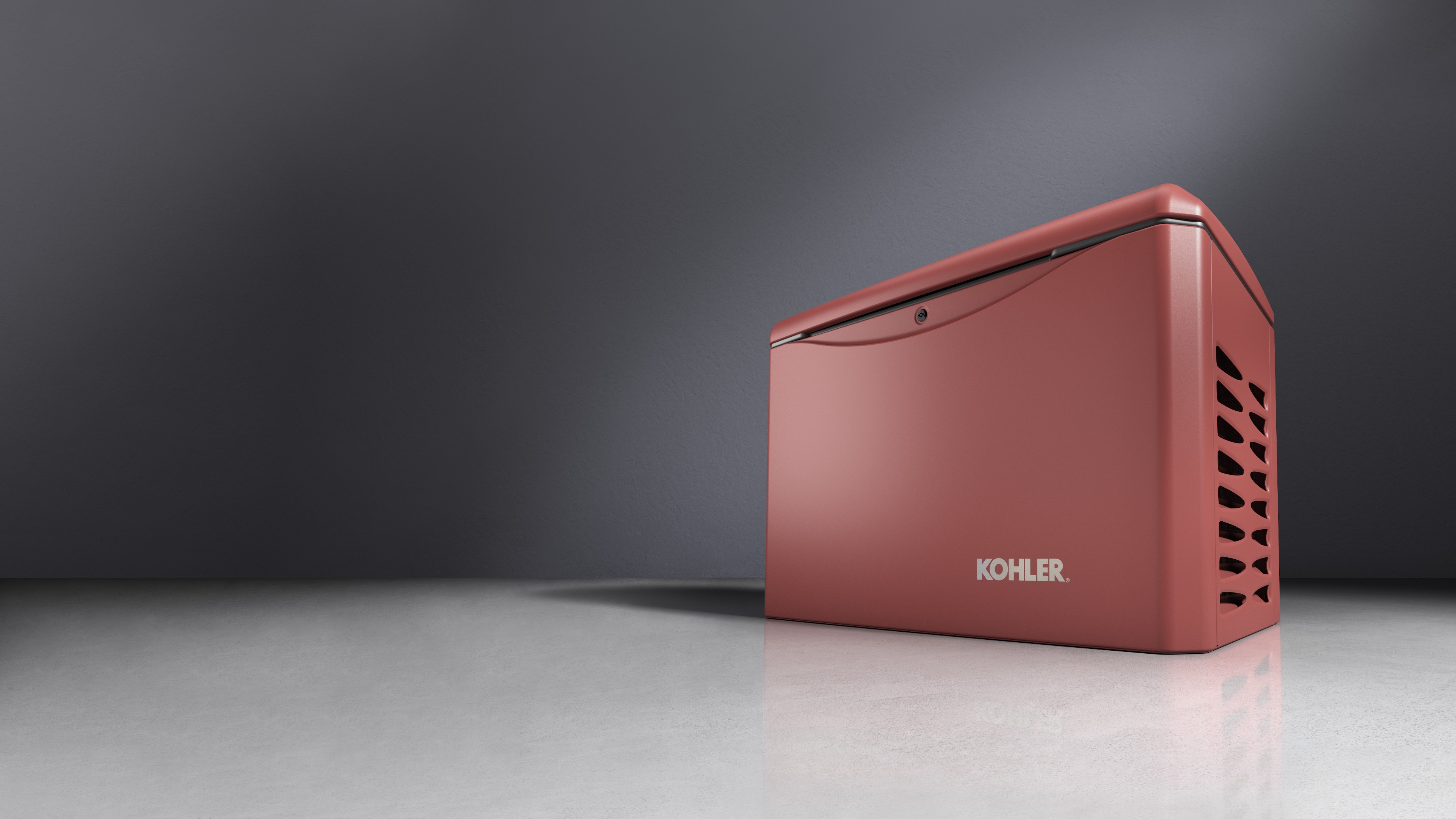 Brick Dust color Kohler residential generator with ventilated side panels, showcased against a gradient gray background.