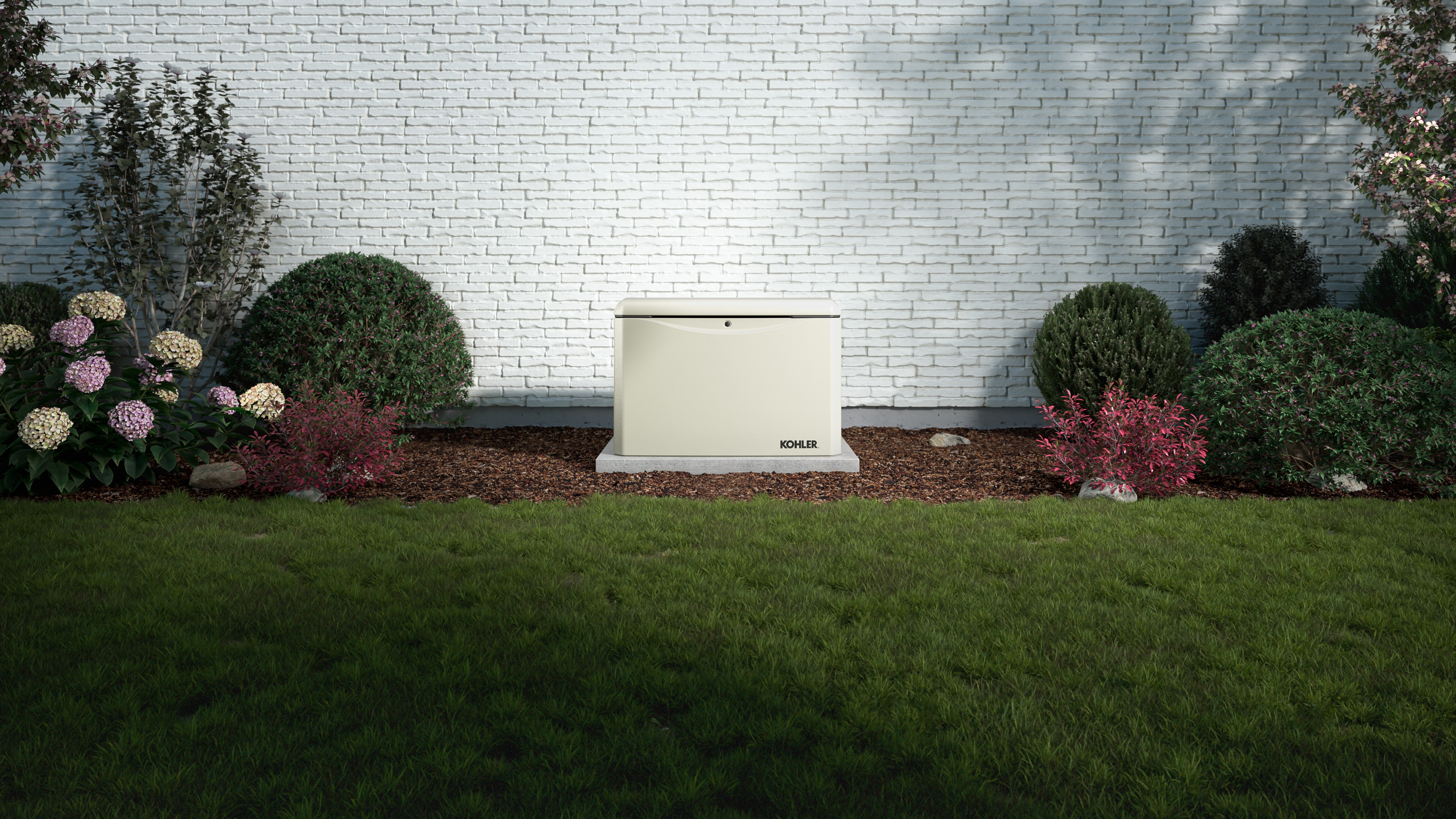 An off-white home generator in front of the exterior of a home in complementary colors.