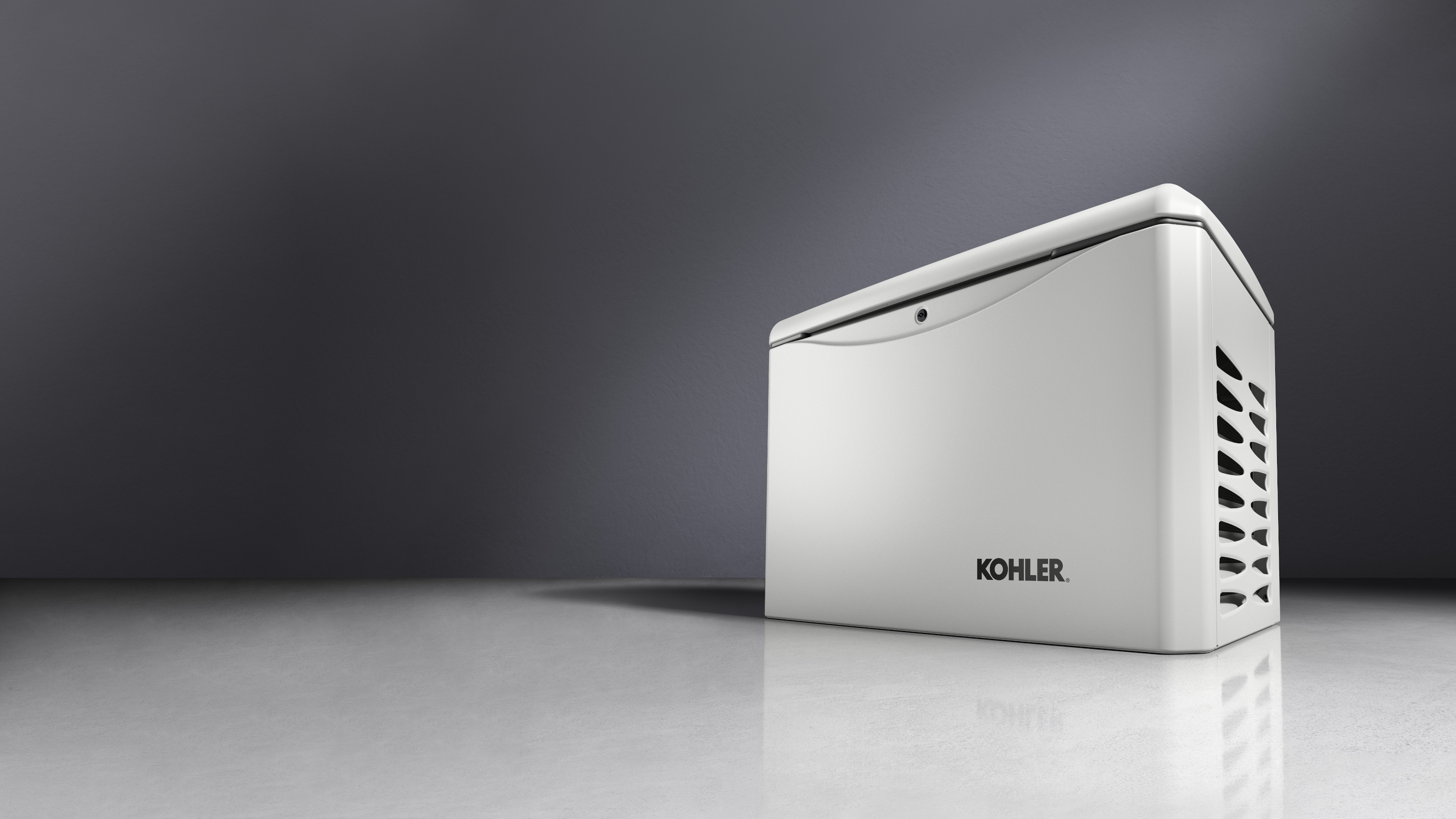 Pegasus color Kohler residential generator with ventilated side panels, showcased against a gradient gray background.