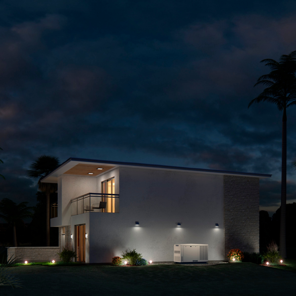 Modern architecture white house, under a clouded night sky, lit by outside spotlights and featuring a Kohler Generator nestled up against the base of the home.
DAM # aab96124
Article [1]: Does a Generator Work For Your Home Type
[Article Card [1] 1:1] 