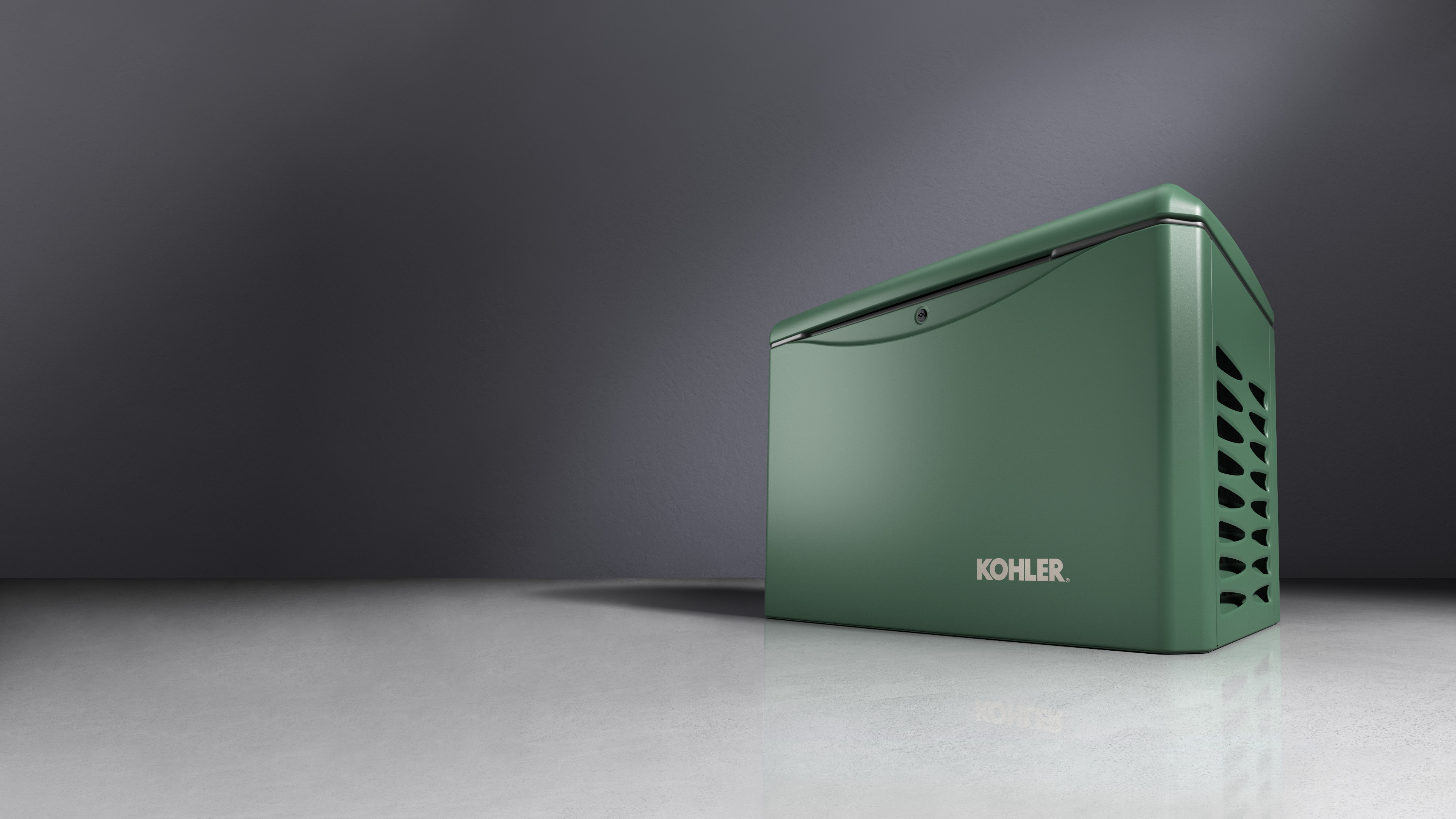 Royal Hunter Green color Kohler residential generator with ventilated side panels, showcased against a gradient gray background.