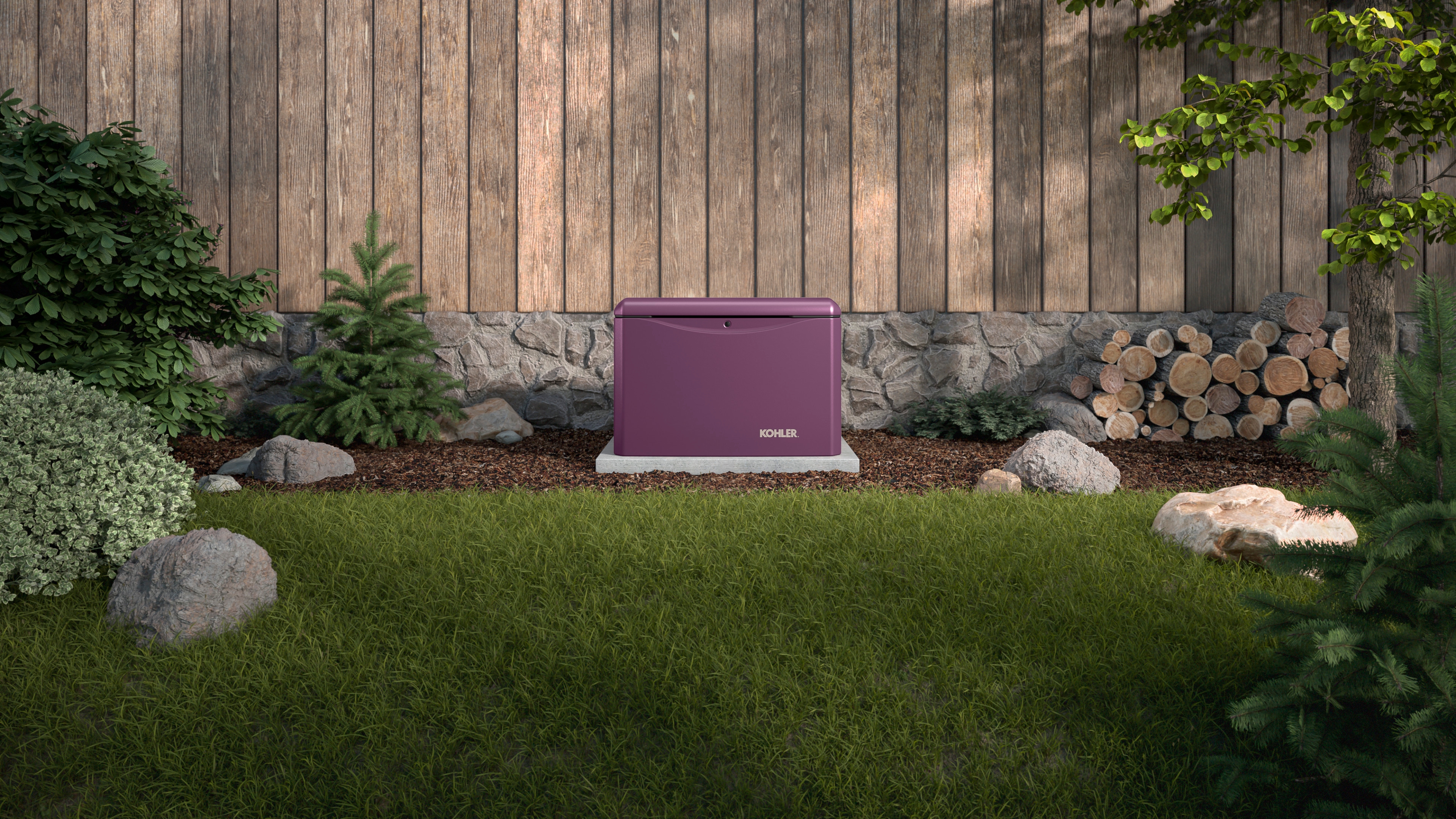 A lavender-colored home generator in front of the exterior of a home in complementary colors.
