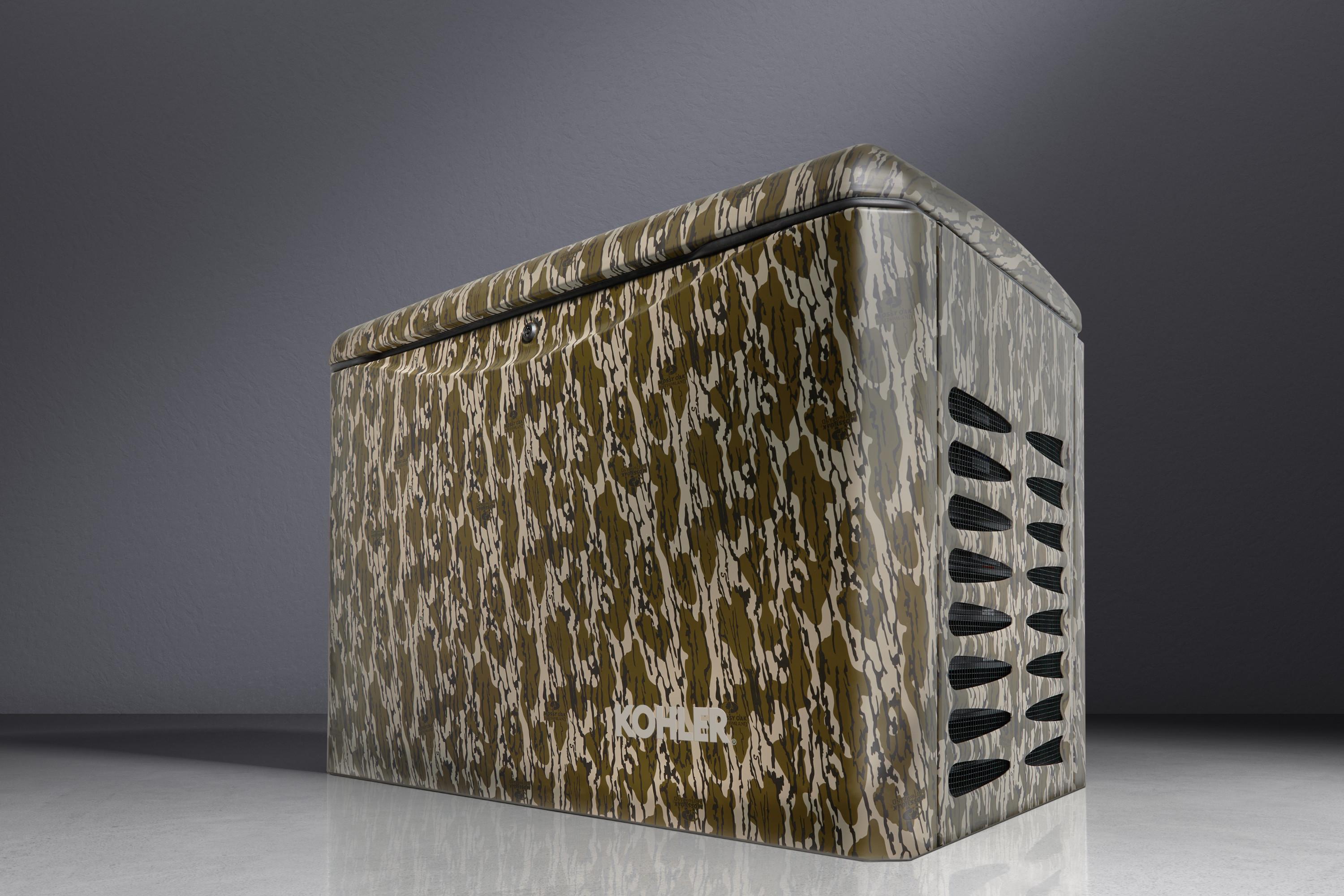 A camouflage-wrapped home generator in an empty room with gray walls.
