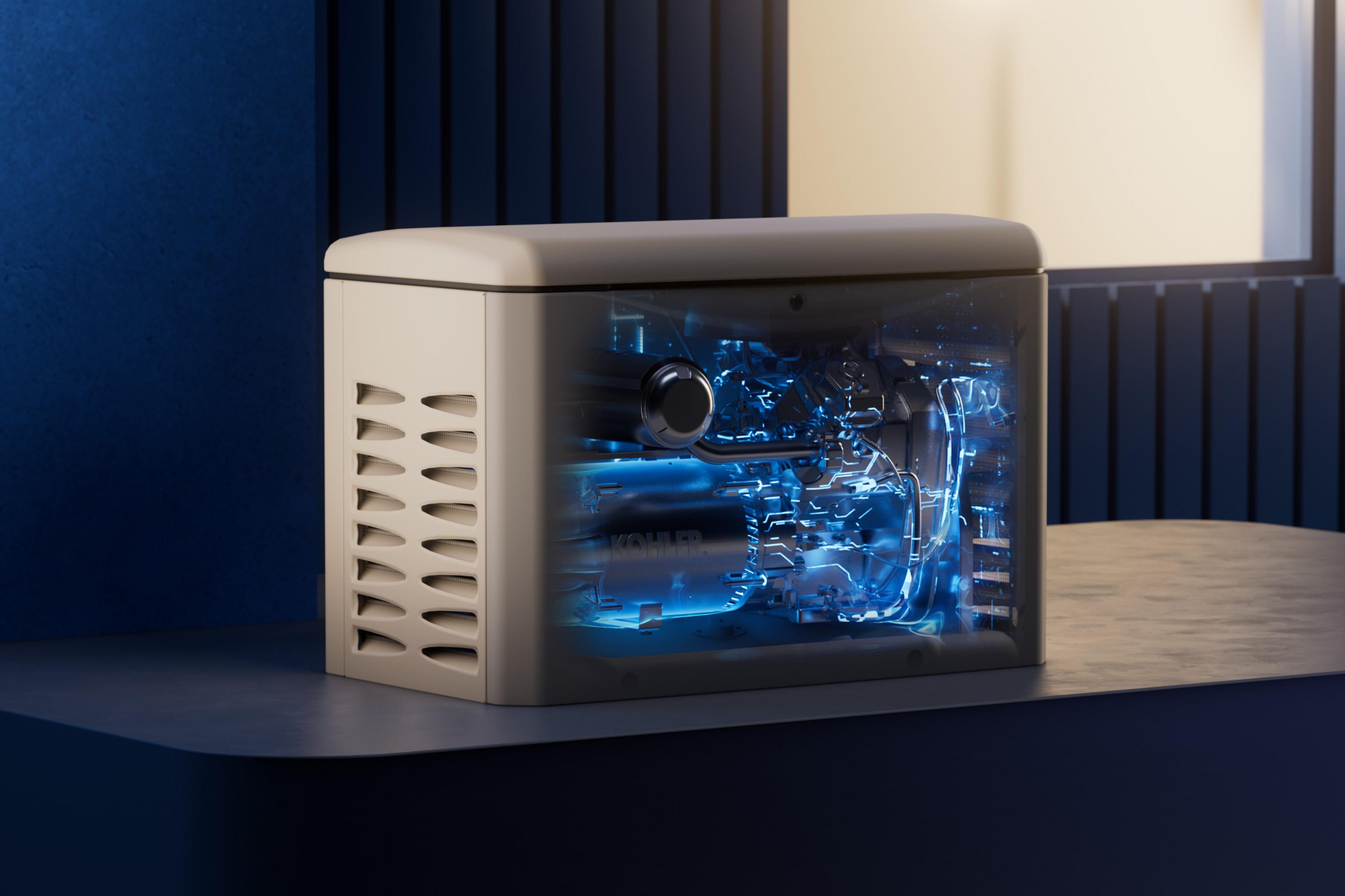 Kohler home generator with a translucent side panel revealing its powerful internal components, placed in a room with dark blue walls.