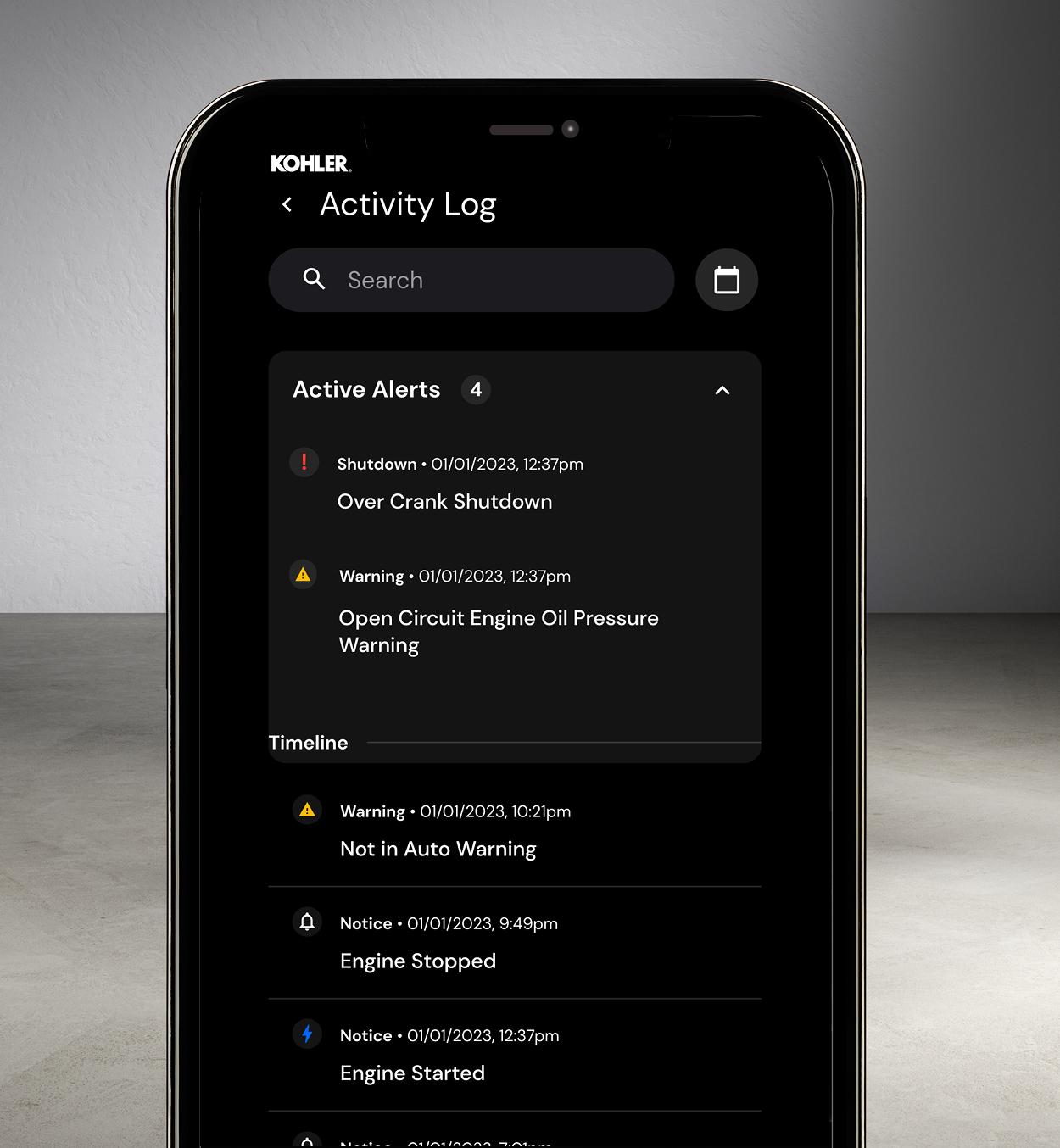 Phone capture of Kohler Energy Management App's Activity Logs screen.