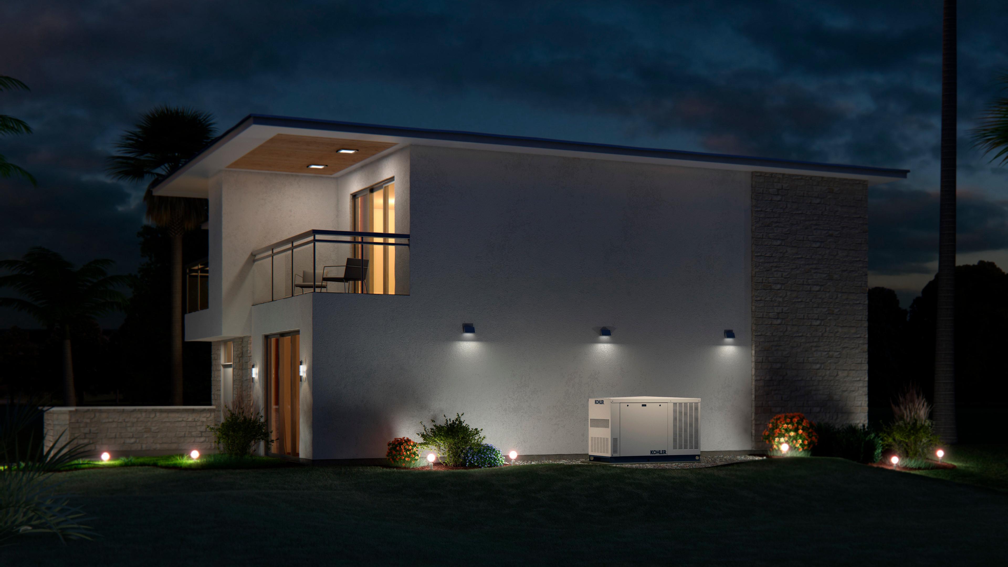 Modern Architecture White House, in the evening, lit by outside spotlights and featuring a Kohler Generator nestled up against the base of the home.