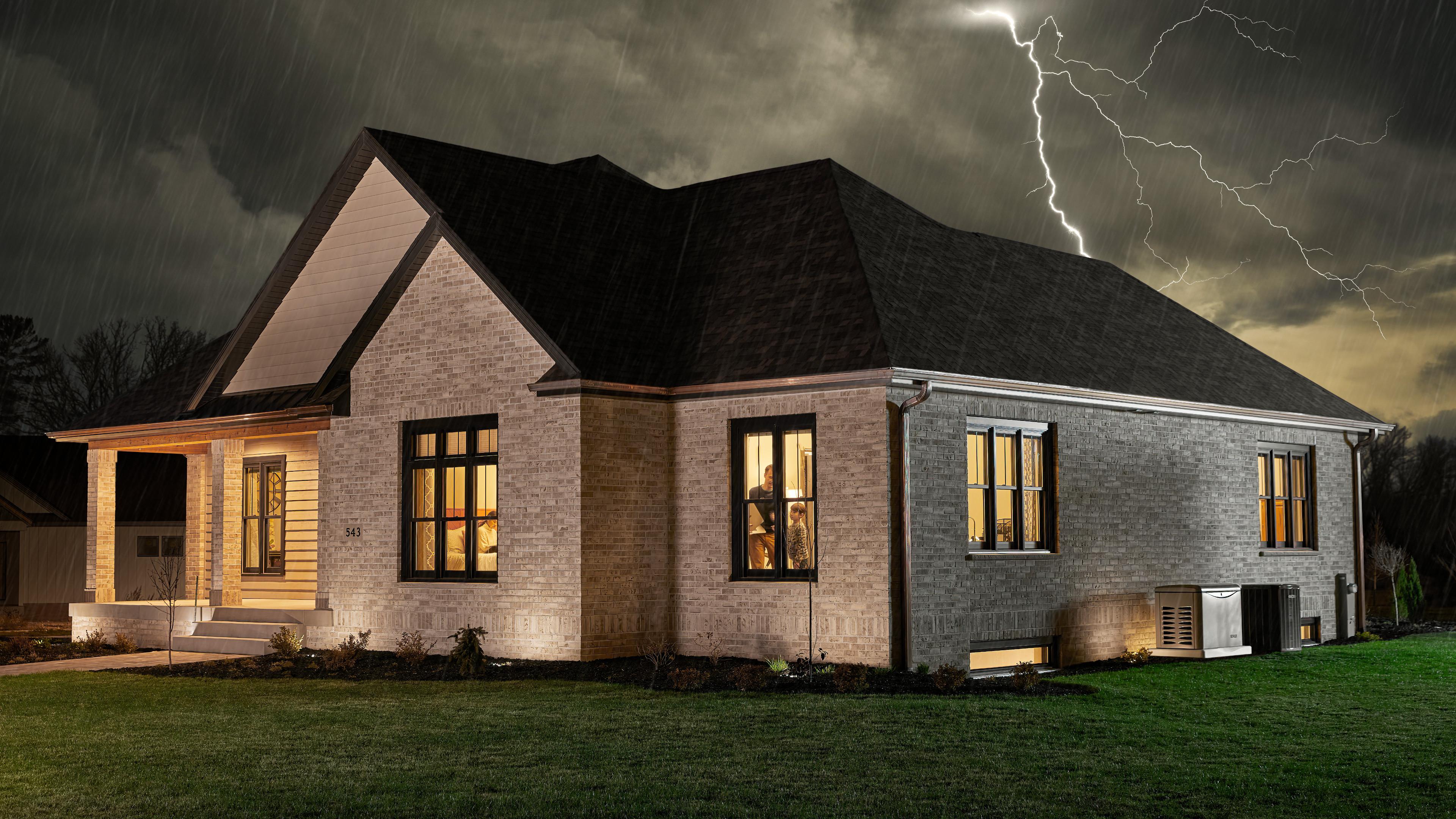 A large brick house with a Kohler generator along a wall in a residential neighborhood at night with a storm and lightning outside and the lights on inside 