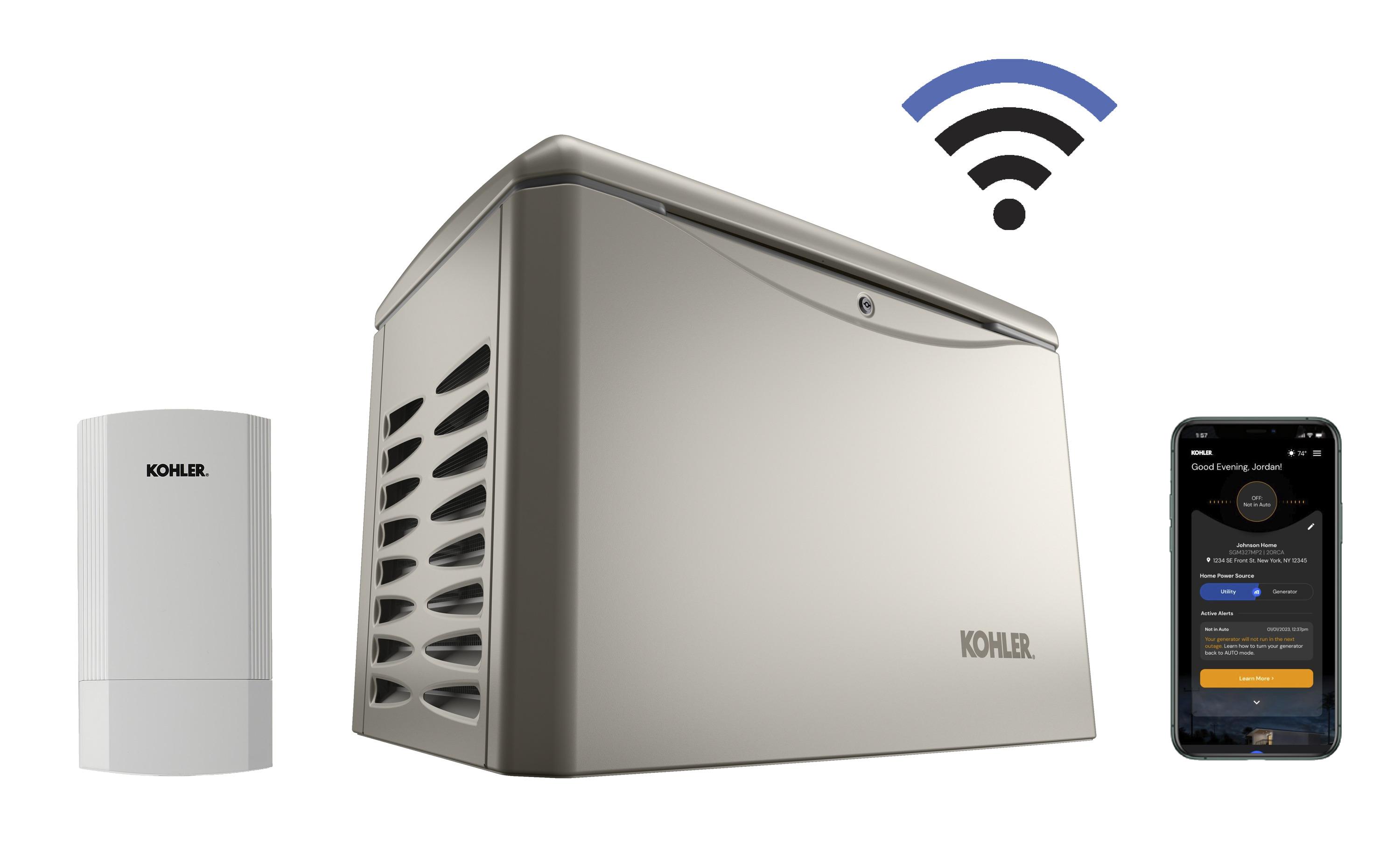 Image of Kohler Energy items that interact wirelessly with Kohler Energy Management App.