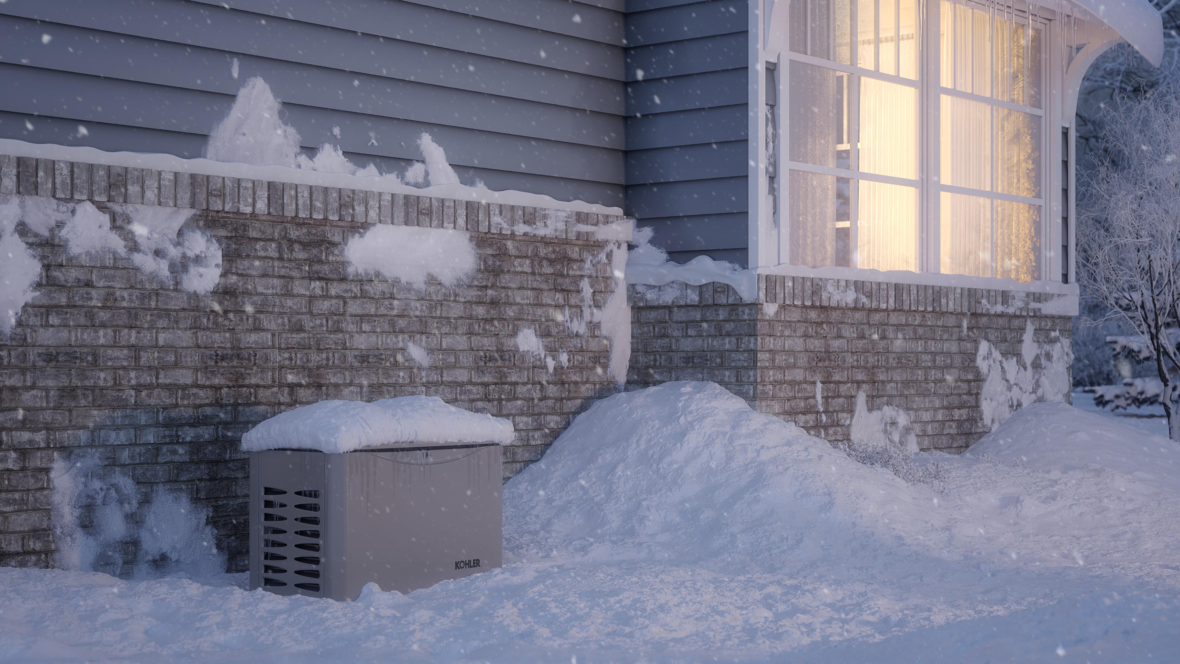 The exterior of a wood and brick siding house covered in snow with a home generator by the wall.